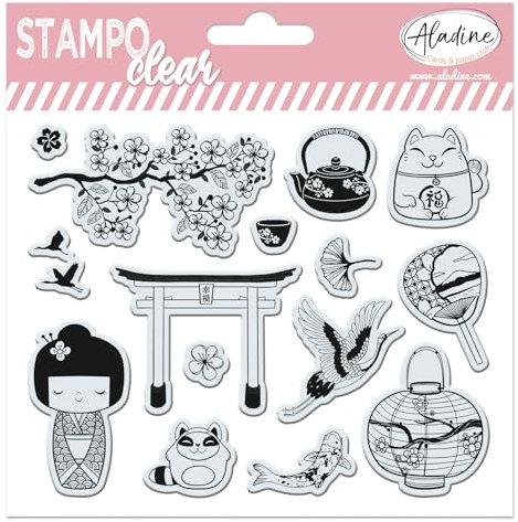 Aladine - Stampo Clear Japan – 15 transparente Stempel für Scrapbooking, Karten, kreative Hobbys – Kirschblüten, Katze Maneki Neko, Koi-Karpfen, asiatisch – 04243