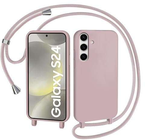 AOMYKE Coque pour Samsung Galaxy S24 avec Cordon, Collier Étui Silicone Liquide avec Tour de Cou Lanière en Corde Souple TPU Antichoc Housse - Rose