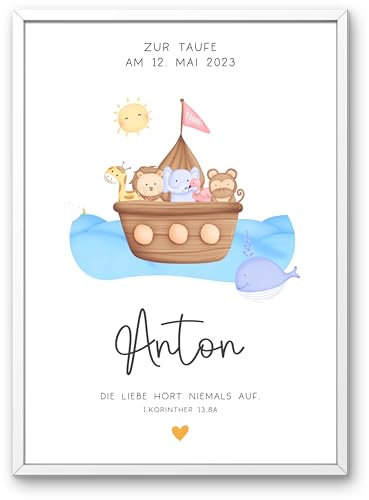 Personalisiertes Poster zur Taufe mit eigenen Namen und Taufspruch Motiv: Arche Noah | Taufposter| Geschenk zur Taufe | Geschenk für Patenkind | Junge Mädchen | DIN A4, DIN A3 oder DIN A2