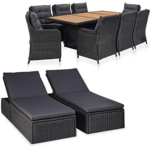 Festnight Rattan Essgruppe 8 Personen + 2 Sonnenliegen mit Sitzkissen Gartenmöbel Set Essgruppe Garten Sitzgruppe Esstisch mit Glas-Tischplatte Schwarz und Braun Rattan Gartenmöbel Set Terrassenmöbel