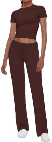 AnotherChill 2-teiliges Lounge-Set für Damen, gerades Bein, kurze Ärmel, bauchfreies T-Shirt, lässige Outfits, bequeme Loungewear, Schokolade, M
