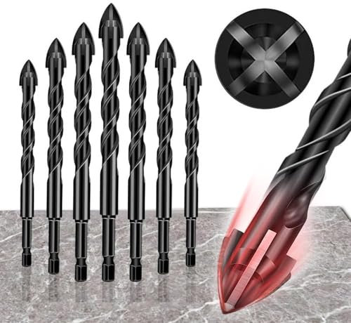 4-Edge Cross Drill Bit Set 7pcs,Masonry Drill Bits Set,Multi-Function Hex Shank Cross Alloy Tip Concrete Drill Bit Set,Universal Drill Bit for Ceramic Tile,Wall,Cement,Wood,etc