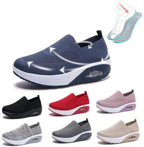 Orthopädische Schuhe Damen Sneaker, 2024 Neu Air Cushion Mesh Slip on Diabetiker Schuhe Extra Weit Wanderschuhe, Leicht, Atmungsaktiv Und Bequem Turnschuhe Sportschuhe Für Damen,Dark blue,40EU