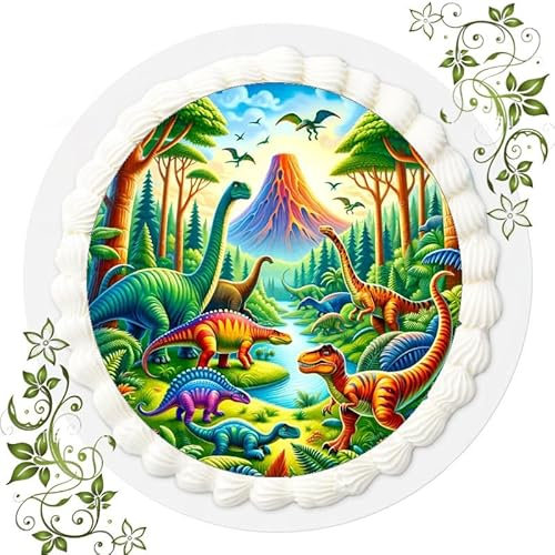 Für den Geburtstag ein Tortenbild, Zuckerbild mit Motiv, Essbares Foto für Torten, Tortenbild, Tortenaufleger Ø 20cm FONDANT Dinosaurier Dino Dinos Nr. 20