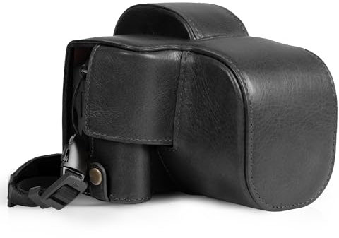 MegaGear Genuine Leather Camera Case for Canon EOS R100 (18-45mm) - Stylish and Protective (Black)