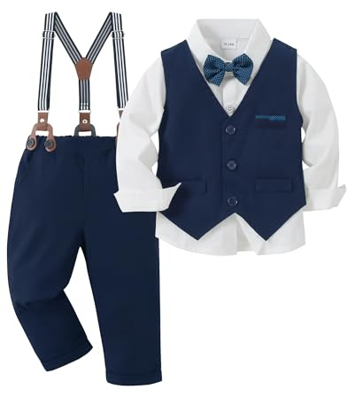 Amissz Baby Anzug Junge Hochzeit 1-5 Jahre Bekleidungssets für Jungen, Taufanzug Junge Langarm Hemd + Hosenträger + Weste + Fliege Festliche Kindermode Taufbekleidung für Baby-Jungen