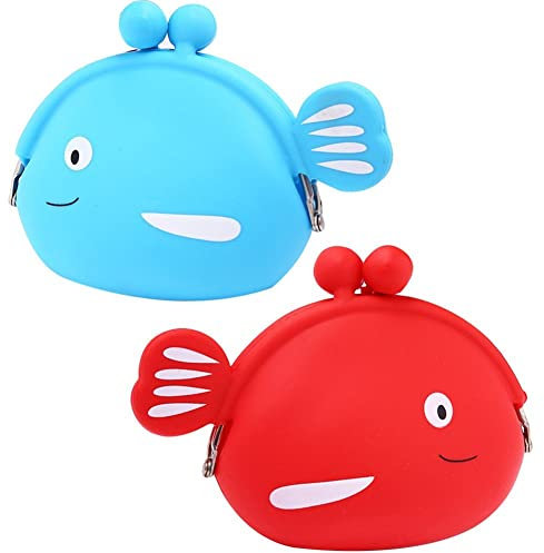 Porte-Monnaie en Silicone Souple, 2 Pièces, Mignon Kawaii, Pochette en Forme d'animal De Poisson De Dessin Animé pour Femmes Filles, Petit en Silicone Souple, pour Écouteurs