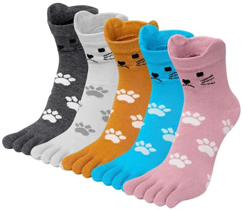 Zehensocken Damen Fünf Finger Socken aus Baumwolle, Damen Sneaker Socken mit Zehen für Sport Laufende Freizeit, atmungsaktive und bunte Socken, Mehrfarbig 2-5 Paare, 36-41, 5 Paare