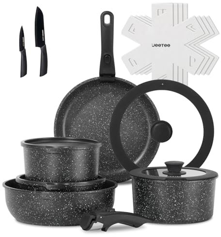 JEETEE Topf und Pfannensets mit abnehmbarem Griff 17-Teilig, Antihaft Pfanneset, Topfset Induktion, Kochtopf Set mit Deckel und Messer, Alle Herde kompatibel, PFOS/PFOA frei, Schwarz