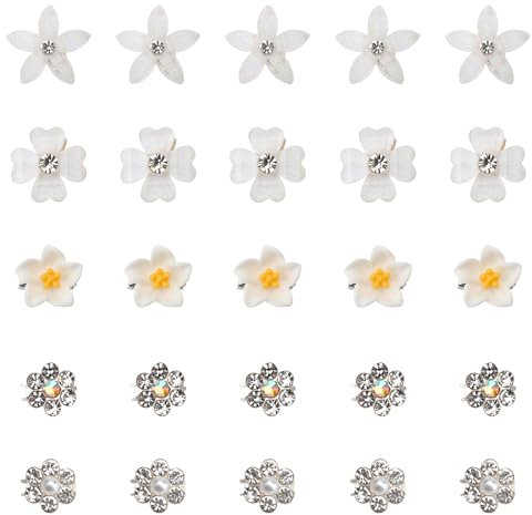 VOSSOT 25 Mini Fermagli per Capelli con Fiori Bianchi e Strass, per Donne e Ragazze, per Matrimoni e Occasioni Speciali