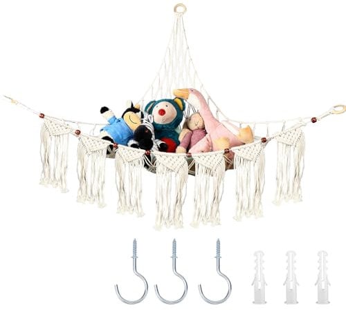 Toy Storage Hammock Stuffed Animals Storage Net Hand Woven Plush Toy Organizer Large Corner Hanging Hammock Net with Hooks for Teddy Bear Toys Holding Nursery Room Decor