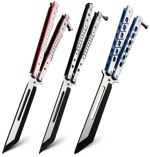 Sporgo 3 Stück Butterfly Trainer: Butterfly Messer zum Üben Ungeschärfte Klinge, Butterfly Kamm Edelstahl für Trainingsmesser AnfäNger-Der Flipping Tricks üBt (Blau+ Rot+ Schwarz)