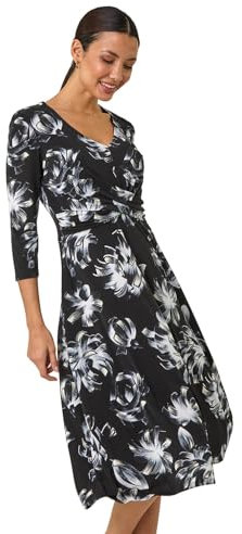 Roman Fit and Flare Dress for Women Ladies Chest Twist Knot Ruched Tea Skater Empire Waist Wedding Guest Smart Casual Swing Midi 3/4 Long Sleeve Knee Length - Noir Grey - Size 10
