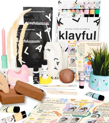 KLAYFUL - Ton Töpferset für Anfänger | Lufttrocknendes DIY Set für Erwachsene | 3kg Ton, Werkzeuge, Acrylfarben, Pinsel, Dichtmittel, Anleitung