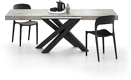 Ausziehbarer Esstisch, 140 (220) x 90 cm, Betoneffekt, Grau / Schwarz, gekreuzte Beine, hergestellt in Italien