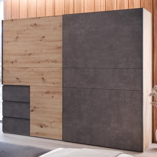 FORTE Winn 2 Kleiderschrank 250, Schrank mit 2 Schwebetüren und 3 Schubladen, Holzwerkstoff, Artisan Eiche Dekor/Betonoptik, 249 cm breit, 200,5 cm hoch, 61 cm tief
