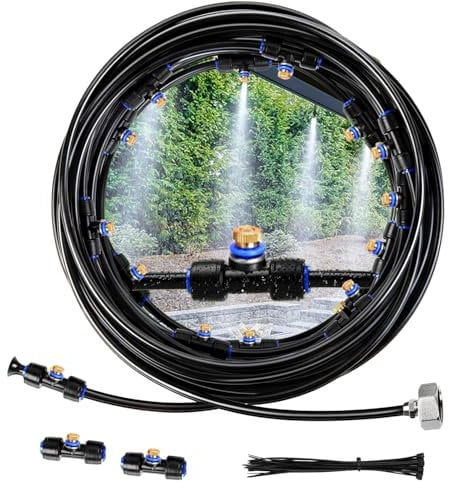 Mist Cooling System 59Ft(18M) Misting Line with 21Brass Mist Nozzles, Outdoor Misters Cooling System for Patio, Garden Umbrellas, Lawn, Greenhouse Trampoline Waterpark