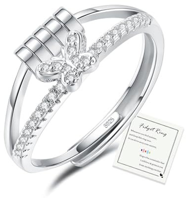 HEEYA Anxiety Ring Schmetterling für Damen Silber 925 Angstring mit 5A Zirkonia Offen Verstellbar Anti Stress Ring mit Perlen Spinner Fidget Ringe Frauen Hypoallergen Stimmungsring gegen Stress