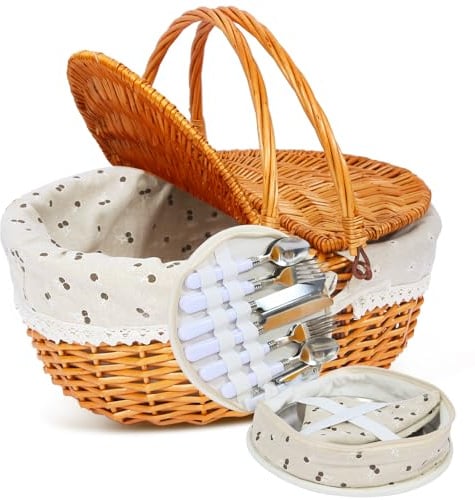 HYBDAMAI Weiden-Picknickkorb für 4 mit Deckel, Futter und Besteck | Stabiler Tragegriff, rustikaler Look, leicht zu tragen, ideal für Outdoor, Camping, Halloween, Weihnachten und Geburtstage