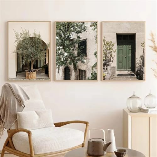 Conjunto de 3 Cuadros Abstractos Lienzo Con Diseño de Puerta Ventana Paisaje Tranquilo Olivo Verde Carteles Impresiones Arte de Pared Nórdico Decoración para Sala Estar 50*70Cm (Impresión Sin Marco)