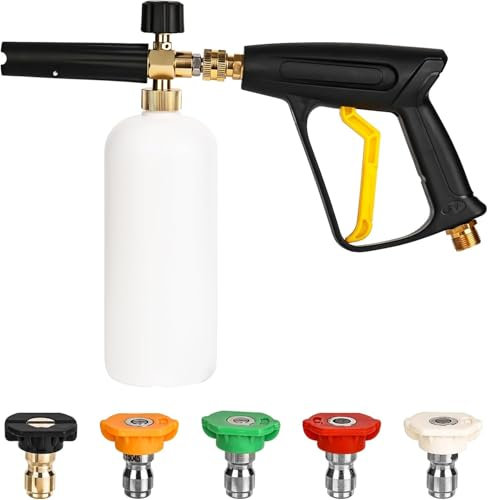 Pressure Washer Foam Cannon Lance Gun, 1L Adjustable 1/4 Quick Release Foam Cannon, 4000PSI Snow Foam Gun with 5 Water Nozzle Tip, Snow Foam Lance Soap Dispenser for Garden Cleaning,Car Washing