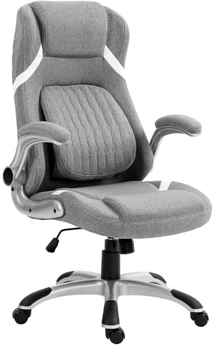 Vinsetto Ergonomic Executive Office Chair Adjustable Lumbar Support Grey | Linen-Look Fabric, High Back Computer Desk Chair, Flip-up Armrests, Rocking Function