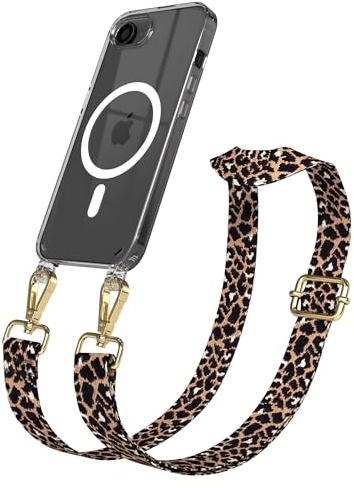 EAZY CASE Handykette - Verstellbares Taschenband kompatibel mit iPhone 16e, Schulterriemen, Handykordel mit Silikon Hülle, Qi Charging kompatibel, Umhängetasche, Leo - Schwarz Braun Gold