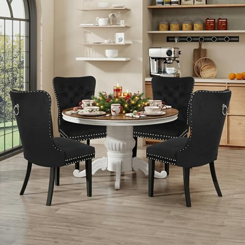 ARTETHYS Esszimmerstühle 4er Set Samt Gepolstert, Nagelkopf, Schwarz | Mit Eichenbeinen, Tragkraft 150 kg, Chesterfield-Hoher Rückenlehne, für Esszimmer & Wohnzimmer, 50x54x94 cm