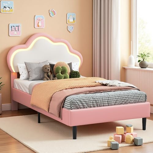 FEEOHOME lit Enfant Fille 90 x 200 cm, Lit Simple rembourré pour Enfant avec lumière LED réglable, Lit Princesse avec tête de lit Nuage, avec tête de lit LED réglable en Hauteur, PU (Rose)