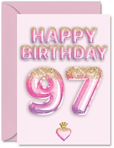 97th Birthday Cards for Women and Men, Pink & Purple Glitter Balloons | Happy Birthday Card for 97 Year Old Man Woman Nanny Grandad Nan Grandma, A5 Bday Greeting Cards