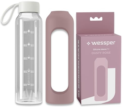 Wessper Bouteille en verre avec housse en silicone, bouteille en verre borosilicaté avec graduation 1 litre, bouteille de sport Idéale pour le fitness, l'école, le sport, les enfants - Vieux rose