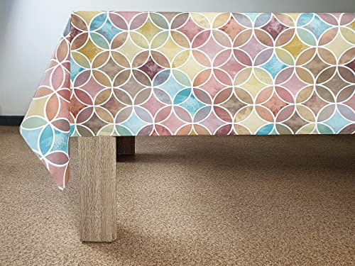 DecoMeister Wachstuchtischdecke 140x100 cm - Wachstischdecke abwaschbar und wetterfest - Meterware Wachstuch mit Vliesrücken - Outdoor Tischdecke für Küche und Garten - Bunte Kreise