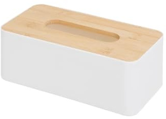 JUANIO Lot de 2 Boîtes à mouchoirs en PP Blanc et Bambou - Longueur 25 x Largeur 13 x Hauteur 9 cm