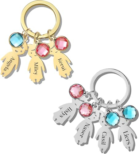 Porte Clef Personnalisable, Porte Clef Personnalisé, Choisissez de 1 à 5 PréNoms, un Pendentif en Forme de CœUr et une Pierre de Naissance, Cadeaux Pour les Papas, les Mamans et les Partenaires