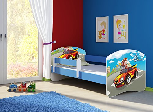 CLAMARO 'Fantasia Blau' 180 x 80 Kinderbett Set inkl. Matratze und Lattenrost, mit verstellbarem Rausfallschutz und Kantenschutzleisten, Design: 03 Verfolgungsjagd