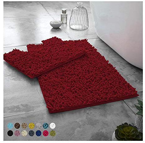 Lions Luxury 2 Piece Loop Bath Mats for Bathroom - Non Slip Chenille Bath Mat Set Rugs, Extra Soft with Water Absorbent Pedestal Bathmat Shower Toilet Mat, Deep Red