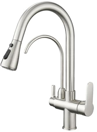 Moderno grifo de la cocina tire hacia abajo grifo del fregadero de la cocina doble manija 3 en 1 alto arco agua filtro purificador grifos níquel cepillado 0195SN