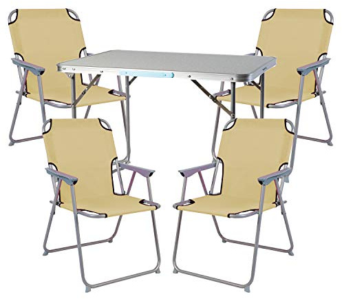 FineHome Campingmöbel Set 5tlg. Alu Camping L70xB50xH59cm 4 Campingstühle beige Stoff Oxfort + 1x Campingtisch mit Tragegriff