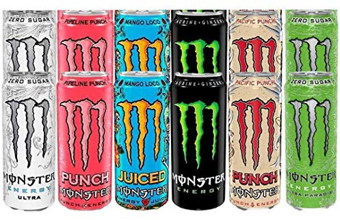 Monster Energy, confezione da 12 pezzi con confezione di adesivi in omaggio, originale, Ultra, Ultra Paradise, Pipeline Punch, Mango Loco, Monster Pacific Punch