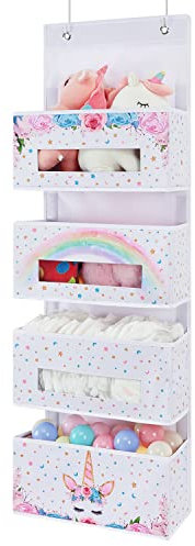WERNNSAI Magisch Einhorn Hängeorganizer - 4 Taschen Faltbares Hängeregal fürs Kleinkind Mädchen Spielzeug Windel Wandschrank Veranstalter Schlafzimmer Kindergarten Dekor