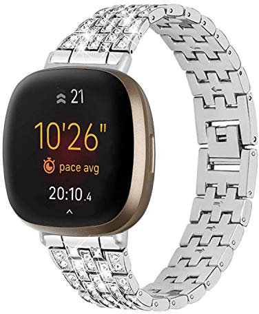 Gimart Bling Strap Kompatibel mit Fitbit Versa 3 Band, Damen Herren Metall Edelstahl Strass Armband Relacement Uhrenarmband Band Armband für Fitbit Sense/Versa 3 Klein Groß (Silber)