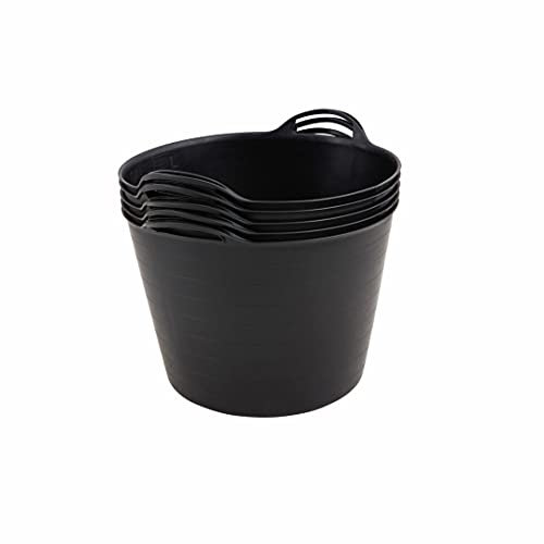BiGDUG Plastic Flexi Tubs (42 Litre) - Pack of 5 - Black - Heavy Duty Trugs Flexible Storage Bucket - Multi Purpose Round Container