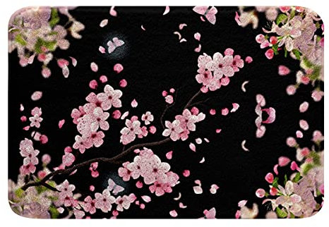 Homewish Kirschblüten Teppich 20 X 32, japanischer Stil Badematte, Natur Pflanze Blume Küchenmatte Pastell Blumen Outdoor Teppich Willkommensmatte Spiel Kawaii Indoor Fußmatte, Rosa Schwarz
