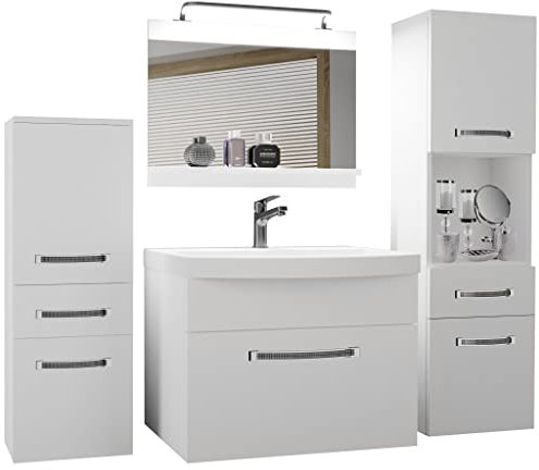 Belini Badezimmer Badmöbel Set Vollausstattung mit Waschbecken Unterschrank Waschtisch Spiegel Lampe Möbel Weiß Matt