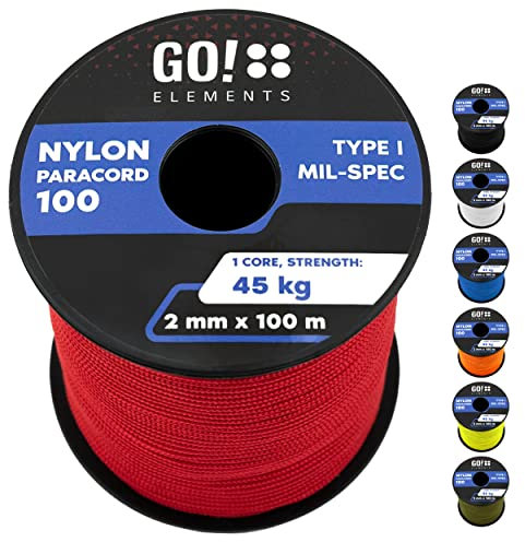 GO!elements 100m Paracord 2mm Seil aus reißfester Nylonschnur - Paracord 100 Typ I Survival Schnur - Reißfest bis 45kg - geeignet als Allzweckseil, Reepschnur, Kordel, Maurerschnur, Farbe: Rot