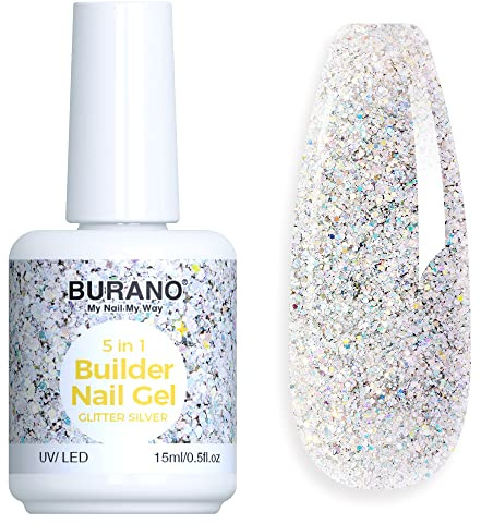 BURANO 5 in 1 Builder Nail Gel, 15ml Aufbaugel für Gelnägel Base Coat Nagelkleber Für Kunstnägel Gel, Nail Extension Gel Nagelverlängerung Gel Für Nagelkunst (Glitter Silver)