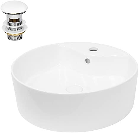 ECD Germany Waschbecken Waschtisch Ø 460 x 155 mm aus Keramik Weiß inkl. Ablaufgarnitur für Waschbecken mit Überlauf Aufsatzbecken Aufsatzwaschbecken Aufsatzwaschtisch Waschschale Spülbecken Becken