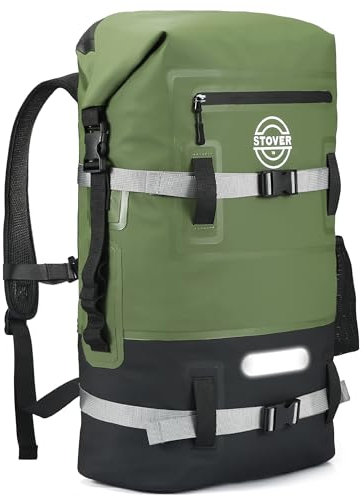 STOVER Wasserdichter Dry Bag Rucksack, 40 l, für Kajakfahren, robuster Roll-Top-Verschluss, schwimmende Tasche mit Fronttasche und reflektierendem Streifen für Wasseraktivitäten im Freien (Grün)