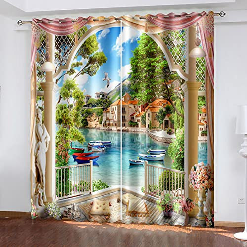 Verdunkelungsvorhang Mit Ösen - Vorhänge Blickdicht Kinderzimmer 2Er Set 240X260Cm (Hxb) 3D Gartenhaus See Segelboot Muster Schallschutz Thermogardine Wohnzimmer Schlafzimmer Fensterdekoration