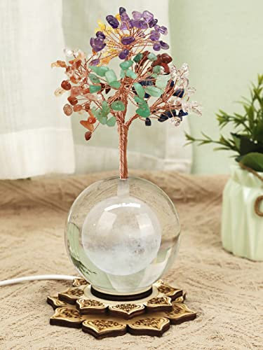 FOLKOR LIFE Sieben Chakra-Baum des Lebens Dekor für spirituelle Geschenke, Reiki-Heilkristalle, Glücksgeldbaum mit Kristallkugel und LED-beleuchteter Zen-Basis, Feng Shui-Dekor für Zuhause, Büro,
